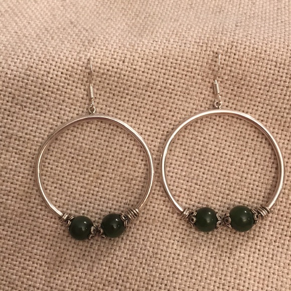 Vtg Sterling Circle Earrings Green Stone Beads - Picture 7 of 8